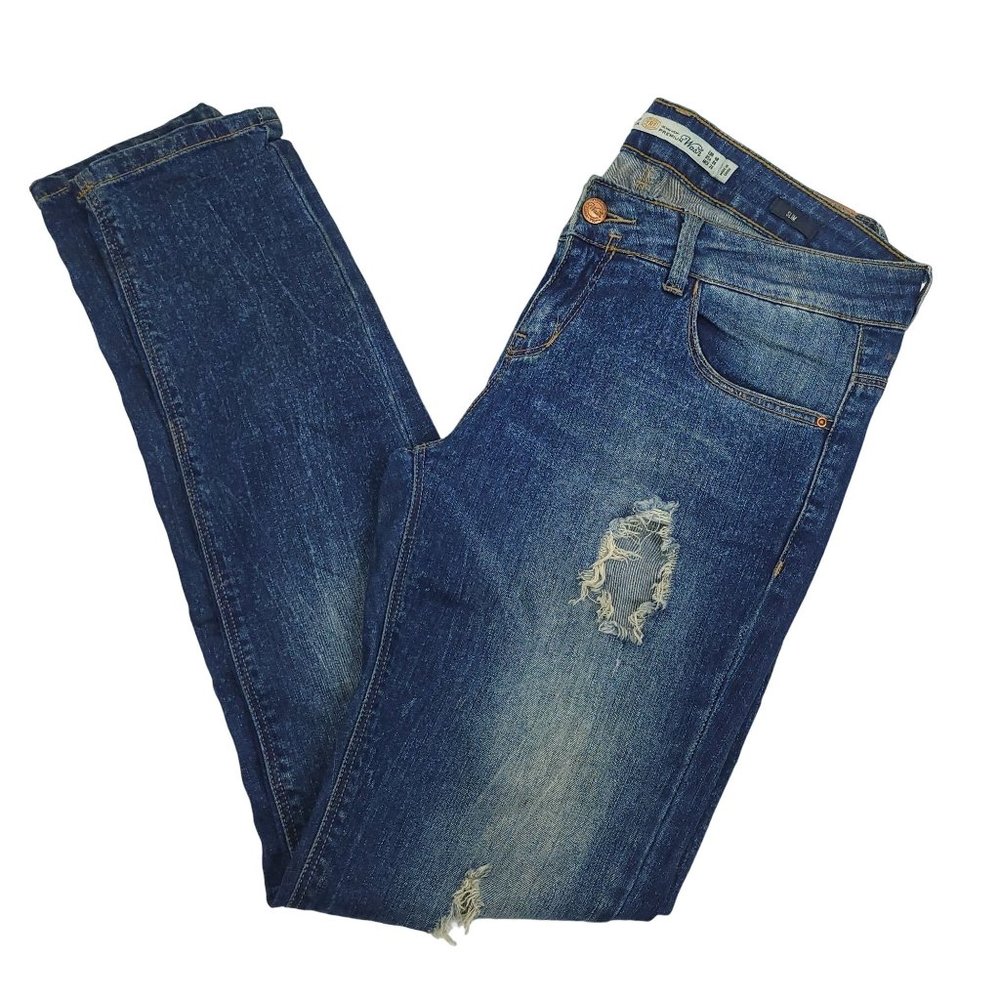 Zara TRF Slim Jeans Distressed Ripped Size 8 Mid Rise Dark Premium Wash Denim